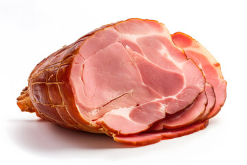 A Close-up Look at a Delicious Sliced Ham on a White Background