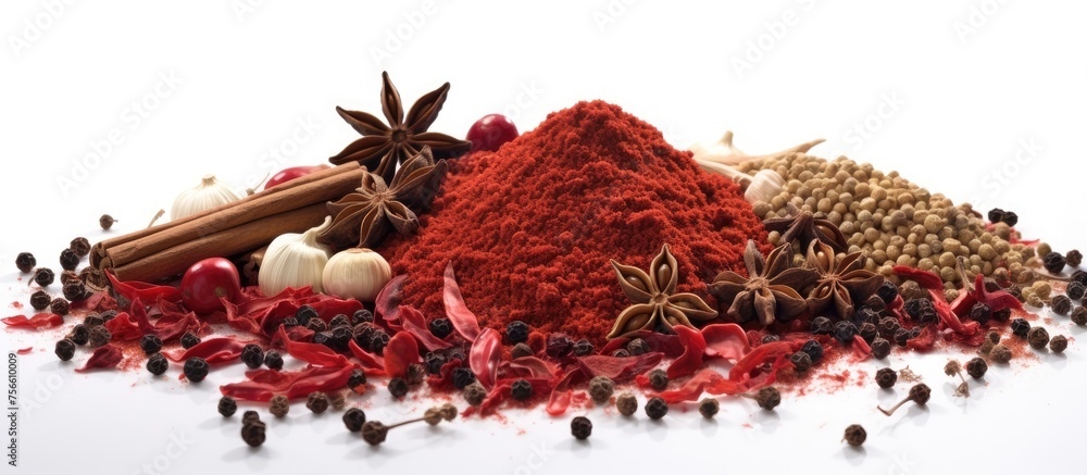 Poster a variety of aromatic spices and herbs are scattered on a clean white surface, creating a colorful a