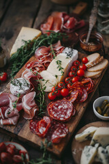 Fototapeta na wymiar Gourmet Charcuterie Board with Variety of Cheeses, Meats, and Fruits