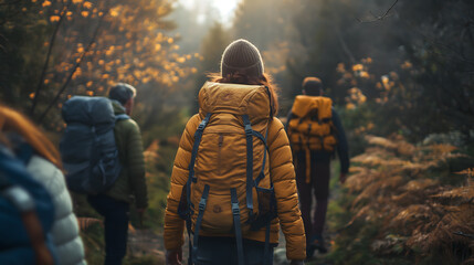 Group of Friends on an Autumn Hiking Trail Adventure - obrazy, fototapety, plakaty