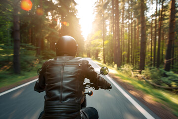 Motorcyclist in leather jacket and black helmet riding motorcycle on empty road with forest around...