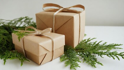 Craft gift boxes on a white background, thuja branches. Concept for Christmas holidays 