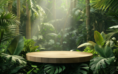 Wooden circle podium with tropical forest background for product presentations 