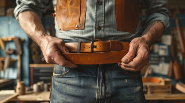 closeup hand working process leather handcraft in the leather workshop. Man holding crafting tool and working. He is sewing to make a walet. Tanner in old tannery.