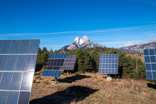 Solar panels in the surroundings of the Pedraforca mountain in Catalonia in Spain