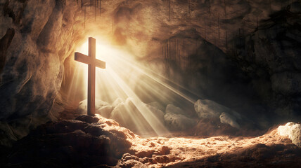 Mystical Sunbeams Illuminating a Cross in a Dark Cave