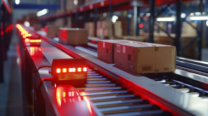 A close-up of a barcode scanner in action, swiftly reading labels on packages as they move along a conveyor belt. 8K -