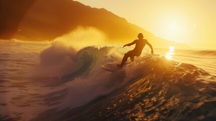 Surfer riding ocean waves at sunset - obrazy, fototapety, plakaty