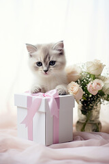 Cute kitten with bouquet of roses and gift box. Card for Mothers day, International Womens Day, 8 March, Valentines Day, birthday, wedding.