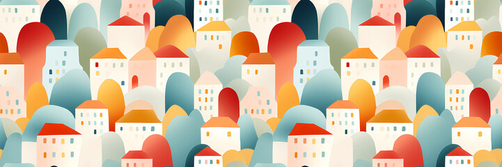 Seamless pattern with colorful town buildings, houses. Simple seamless horizontal background with summer city landscape in hand drawn geometric shapes, gradients. For wallpaper, wrapping paper
