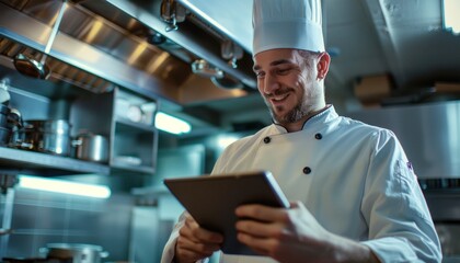 Smiling male chef using tablet in restaurant kitchen