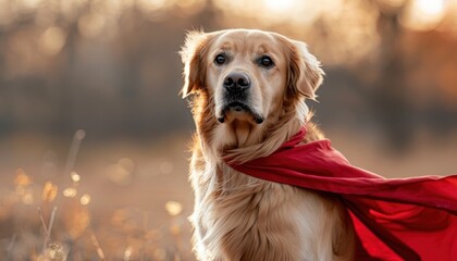 Majestic golden retriever with red scarf in autumn scene