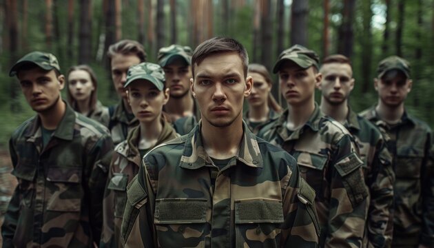 Determined military unit in forest camouflage formation