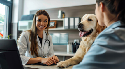 Woman with a dog in veterinary clinic. Smiling female veterinarian in white uniform, stethoscope over her neck.