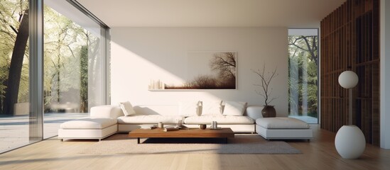 Minimalist house interior with large windows and white and brown gloss design.