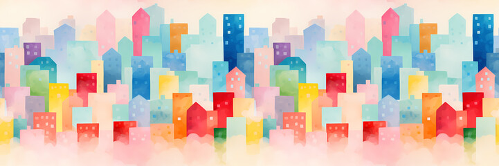 Watercolor seamless pattern with skyscrapers in clouds. Seamless background horizontal border with hand drawn watercolor illustration of a city in soft pastel colors. For wallpaper, wrapping paper