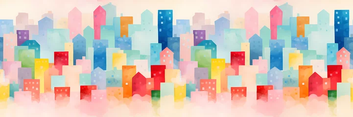 Glasbilder Aquarellmalerei Wolkenkratzer Watercolor seamless pattern with skyscrapers in clouds. Seamless background horizontal border with hand drawn watercolor illustration of a city in soft pastel colors. For wallpaper, wrapping paper