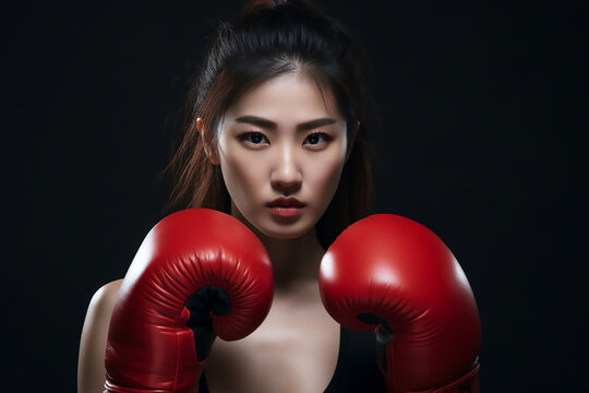 Portrait of young asian woman with boxing glves. Self deffence, wellbeing. High quality photo