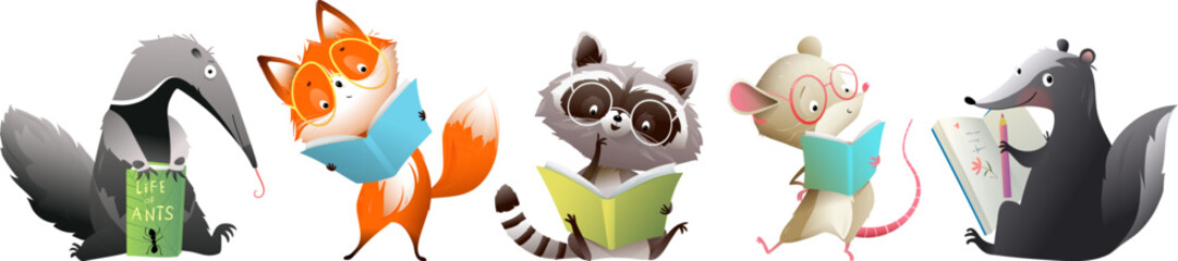 Cute animals reading books or study, hand drawn characters for kids. Library and literature cartoon for children with fox mouse raccoon and badger reading books. Vector animals clip art collection. - obrazy, fototapety, plakaty