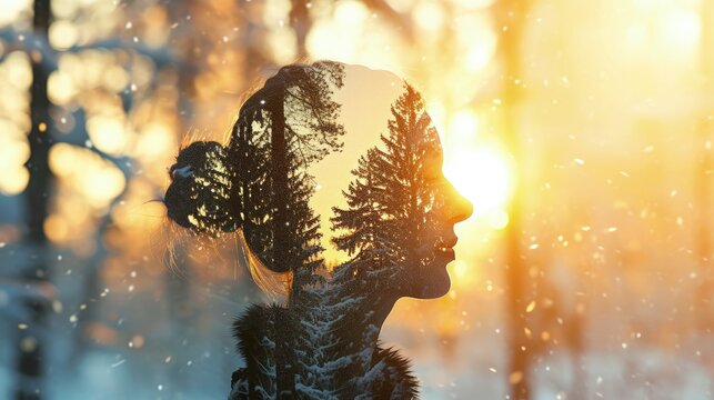 Double exposure of a silhouette of a beautiful woman and a winter landscape. Abstract artistic photo manipulation with a woman's face and a snow-covered forest