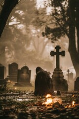 Kneel at the cross. A solitary cloaked figure kneels in misty rain at a graveyard cross in view