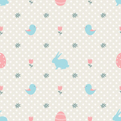 Easter Seamless Pattern with Easter bunnies, eggs, flowers, birds. Happy Easter design. Vector illustration on beige background with polka dots - obrazy, fototapety, plakaty
