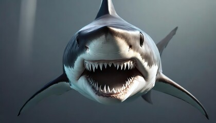 Ocean shark bottom view from below. Open toothy dangerous mouth with many teeth. Underwater blue sea waves clear water shark swims forward