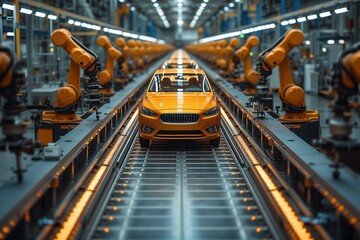 Naklejka premium A shiny orange car passes through an assembly line with multiple robot arms, depicting cutting-edge automotive manufacturing