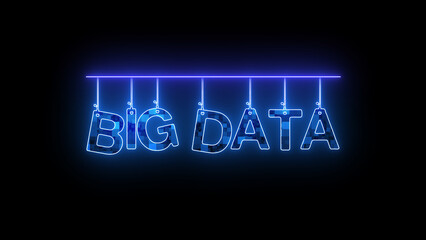 Neon sign with words BIG DATA glowing in blue on a dark background.