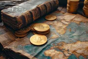 Bitcoins laid out on an aged map with a leather-bound book, blending history with modern finance
