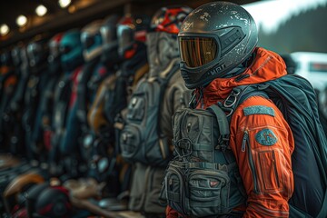 Naklejka premium A well-equipped motorcycle rider stands amidst a range of motorcycle gear, showcasing safety and adventurous lifestyle