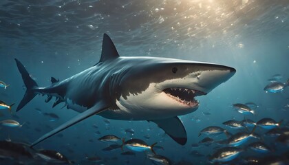 Fototapeta premium Ocean shark bottom view from below. Open toothy dangerous mouth with many teeth. Underwater blue sea waves clear water shark swims forward