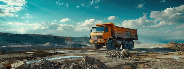 Large quarry dump truck. Big yellow mining truck at work site. Loading coal into body truck. Production useful minerals. AI generated illustration