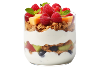Yogurt Parfait Beautifully layered with fresh fruit, granola, and whole grains. Isolated on a transparent background.