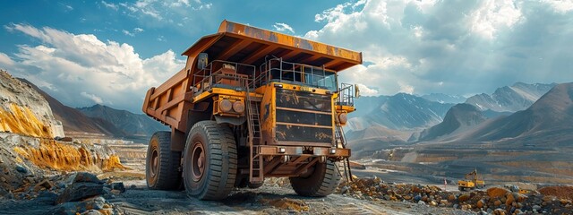 Large quarry dump truck. Big yellow mining truck at work site. Loading coal into body truck. Production useful minerals. AI generated illustration