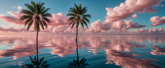 Fototapeta na wymiar Palm tree on the background of a beautiful sunset and water