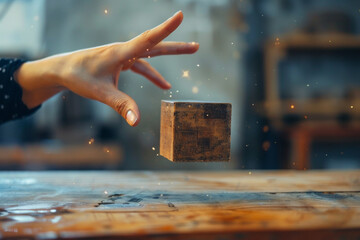 A businesswoman's hand touches a cube to represent solving a problem. - obrazy, fototapety, plakaty