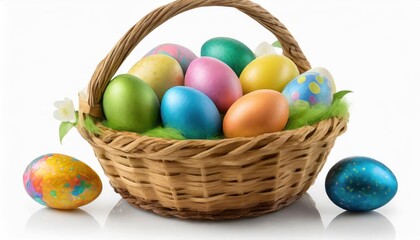 Fototapeta na wymiar aster basket filled with colorful eggs isolated on white background. Easter celebration 