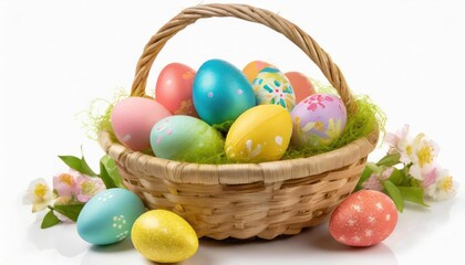 Obraz na płótnie Canvas aster basket filled with colorful eggs isolated on white background. Easter celebration 