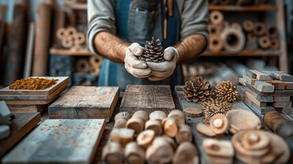 A carpenter in a carpentry workshop full of wood holds a pine cone in his hands. - obrazy, fototapety, plakaty