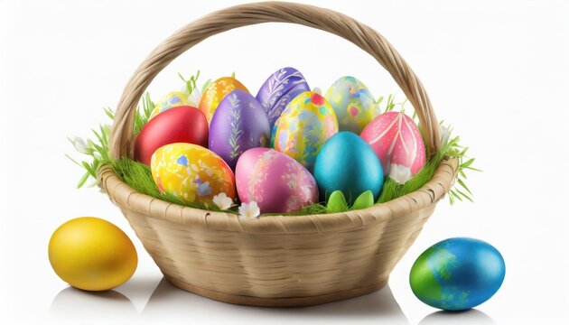 aster basket filled with colorful eggs isolated on white background. Easter celebration 
