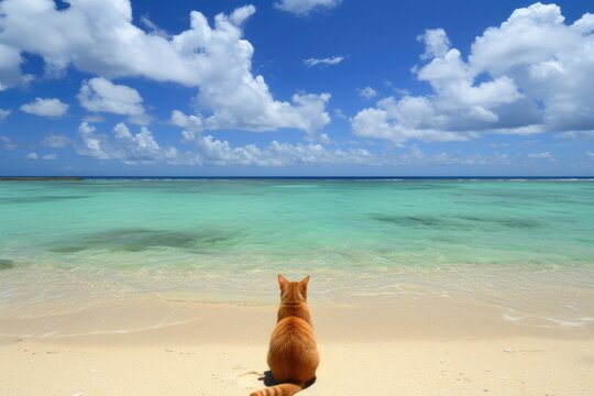 Funny cat sitting on beach sand relaxing on the sea shore.