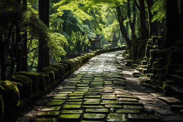 A fantastic pathway leading through a dense bamboo forest, where sunlight filters through the thick...