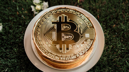 Fototapeta na wymiar cake with bitcoin currency symbol on the table