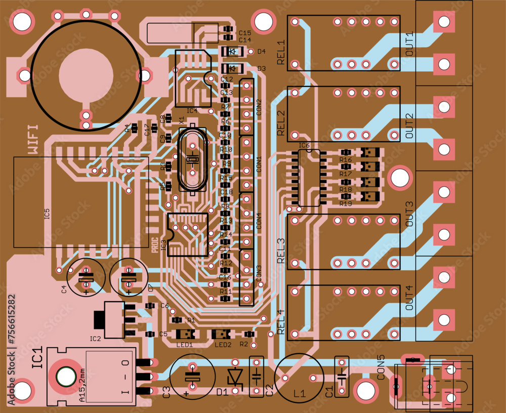 Poster vector printed circuit board of an electronic device with components of radio elements, conductors, 