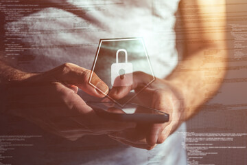 Mobile phone cyber security concept, closeup of male hands using smartphone app to protect online...
