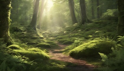 Illustrate A Tranquil Forest Glade With Sunlight F - obrazy, fototapety, plakaty