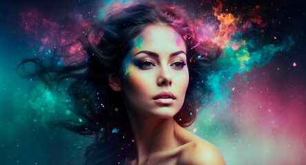 Fototapeta premium Fantasy Abstract Stunning Double Exposure Portrait of a Woman with Colorful Digital Paint Splash or Space Nebula