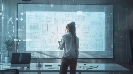 A female entrepreneur brainstorming ideas on a digital whiteboard projected onto the wall of her...