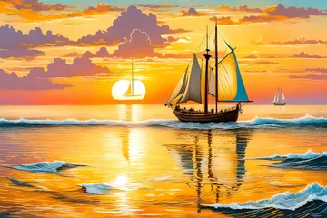 Foto op Plexiglas boat at sunset, Set sail on a voyage of discovery with an ancient sailboat gliding gracefully across the sea at sunrise, in celebration of Columbus Day © SANA